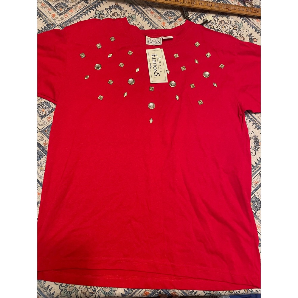 Basic Editions Red Embellished T-Shirt Womens Small Rhinestone Studded Vintage